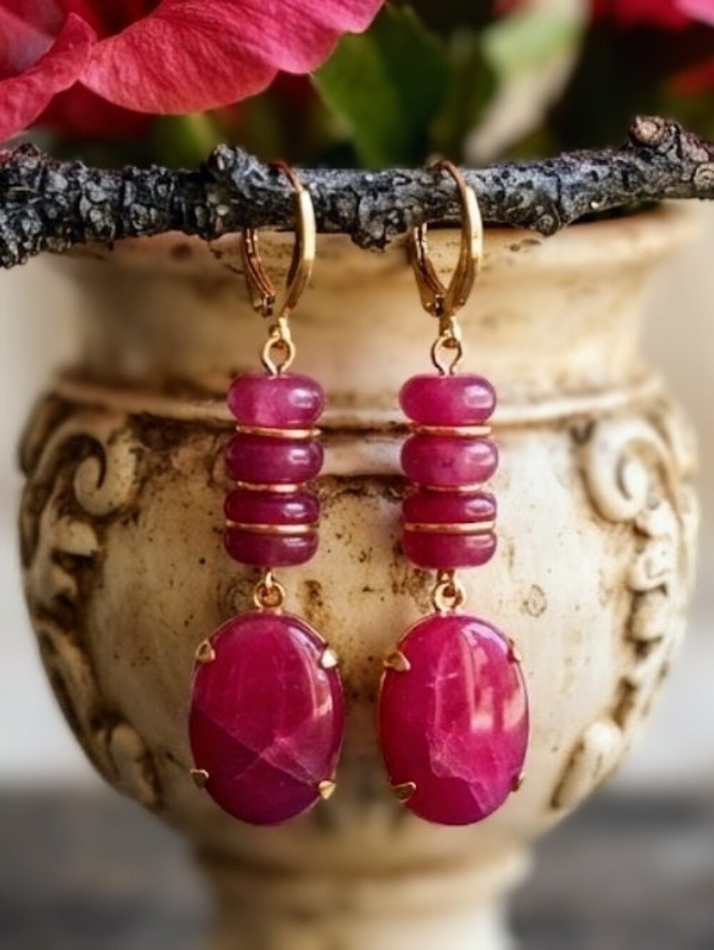 Fuchsia Hot Pink Jade In Drop Down 18K Gold Plated Earrings